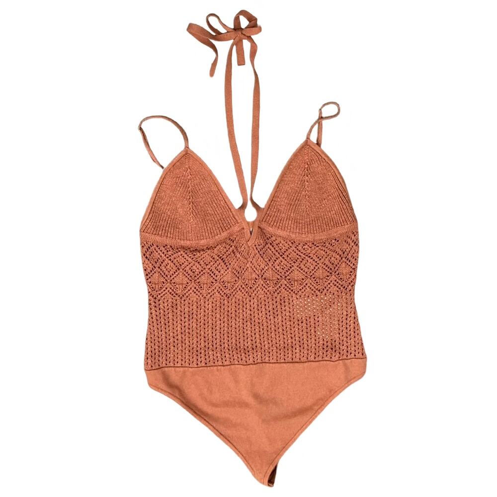 Abercrombie and Fitch Brown Thong Knit Crochet Halter Strappy Bodysuit Size L - Picture 3 of 10